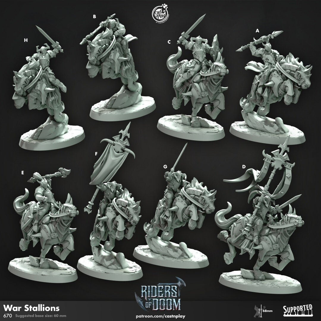 War Stallions - dnd miniature - Cast N Play Riders of Doom - Wargaming, Human, Male, Fighter, Knight, Mount, Cleric, Paladin, Evil, Horse-1