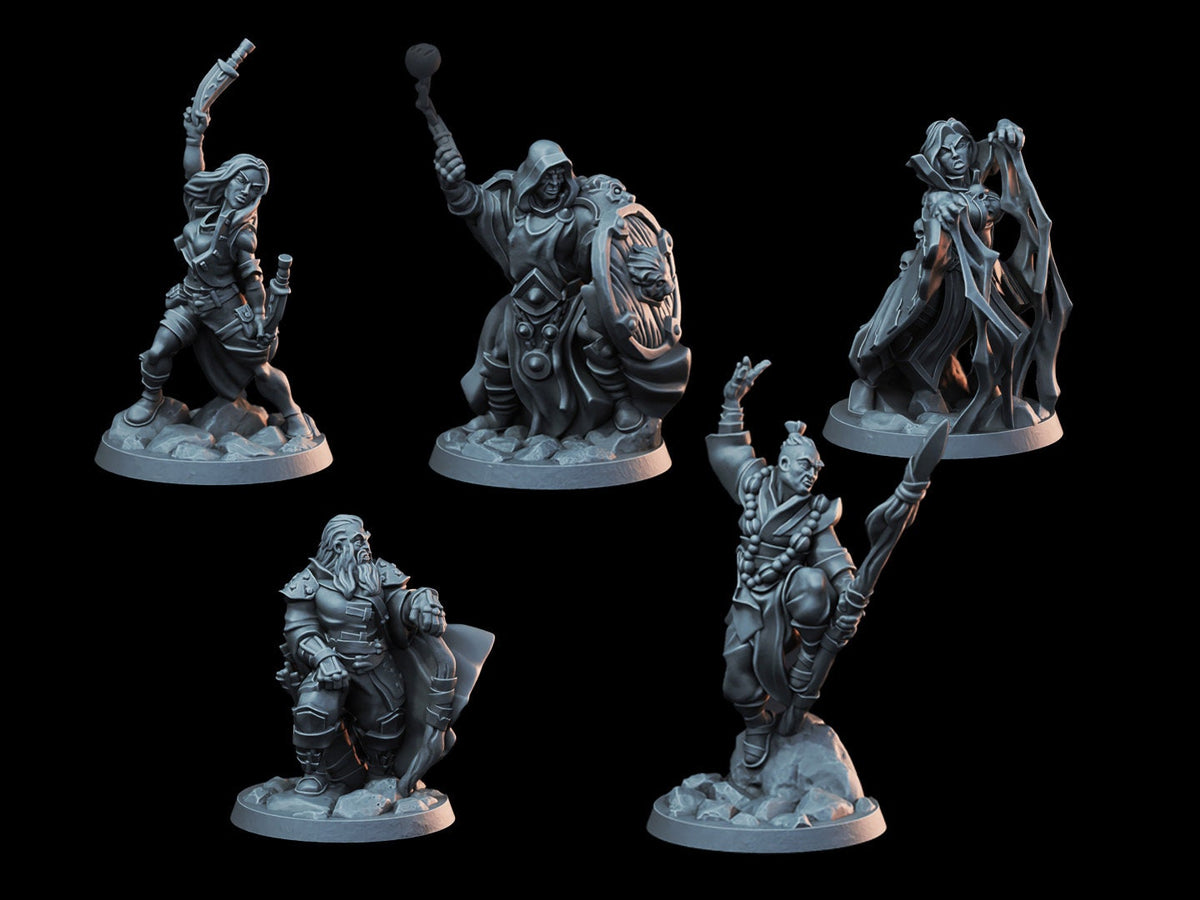 DnD Miniature Party Set 1 - 28mm Adventuring Group - Monk | Rogue | Fighter (Cleric/Paladin) | Ranger | Sorceress - Ready for action!