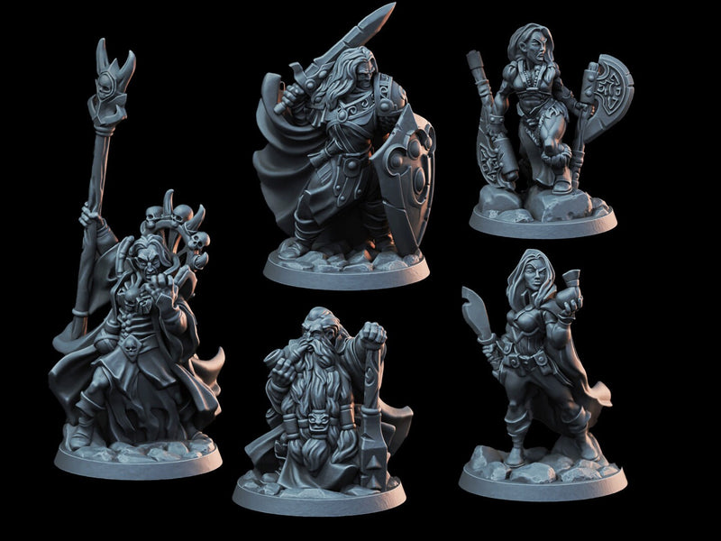 DnD Miniature Party Set 2 - 28mm Adventuring Group - Warlock | Rogue | Fighter Cleric/Paladin | Cleric | Barbarian | Pathfinder-2