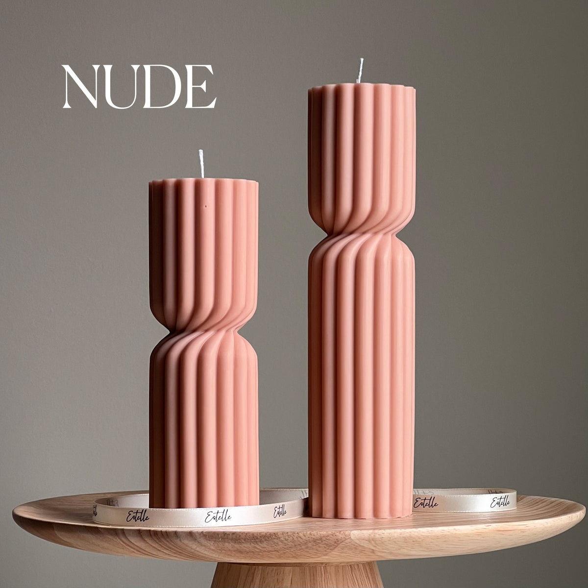 Set of 2 Ribbed Hourglass Pillar Candle Set: Sculptural Soy Wax Candles-2