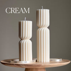 Set of 2 Ribbed Hourglass Pillar Candle Set: Sculptural Soy Wax Candles-3