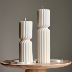 Set of 2 Ribbed Hourglass Pillar Candle Set: Sculptural Soy Wax Candles-1