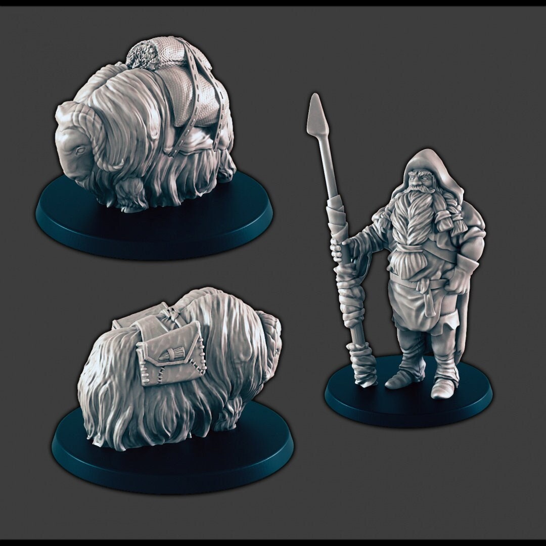 Ice Hunter and Yaks - DND mini - EC3D Wintertide, Winter Miniature | Animal | Cold | 32mm | Snow | Arctic | Pathfinder | Villager | Farm