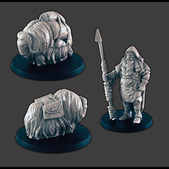 Ice Hunter and Yaks - DND mini - EC3D Wintertide, Winter Miniature | Animal | Cold | 32mm | Snow | Arctic | Pathfinder | Villager | Farm-1