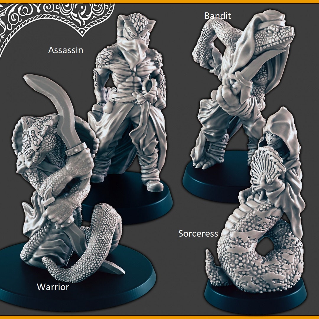 Snakefolk - DND mini, EC3D Scorching Sands, Desert Miniatures | Assassin | Beastmen | Monster | Bandit | Naga | Sorceress | Lamia | Fighter-2