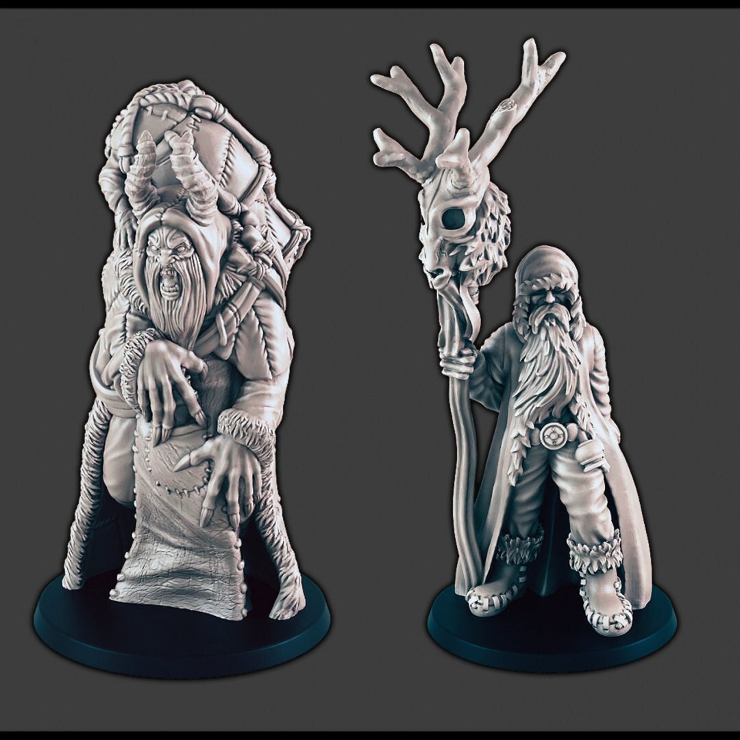 Klaus the Druid and Krampus - DND miniatures - EC3D Wintertide, Human | Druid | Wendigo | Christmas | 32mm | Snow | Arctic | Winter-1
