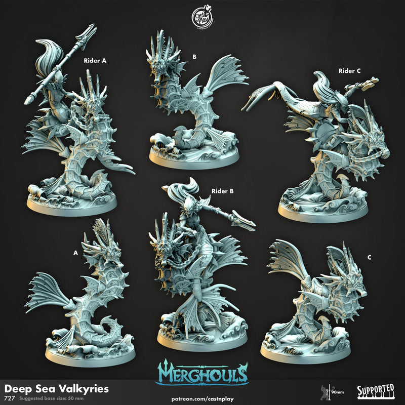 Deep Sea Valkyries - dnd and wargaming miniature - Merfolk, Mermaid, Triton, Pathfinder, Aquatic, Ranger, Seahorse, Fighter, Cavalry, Mount-1