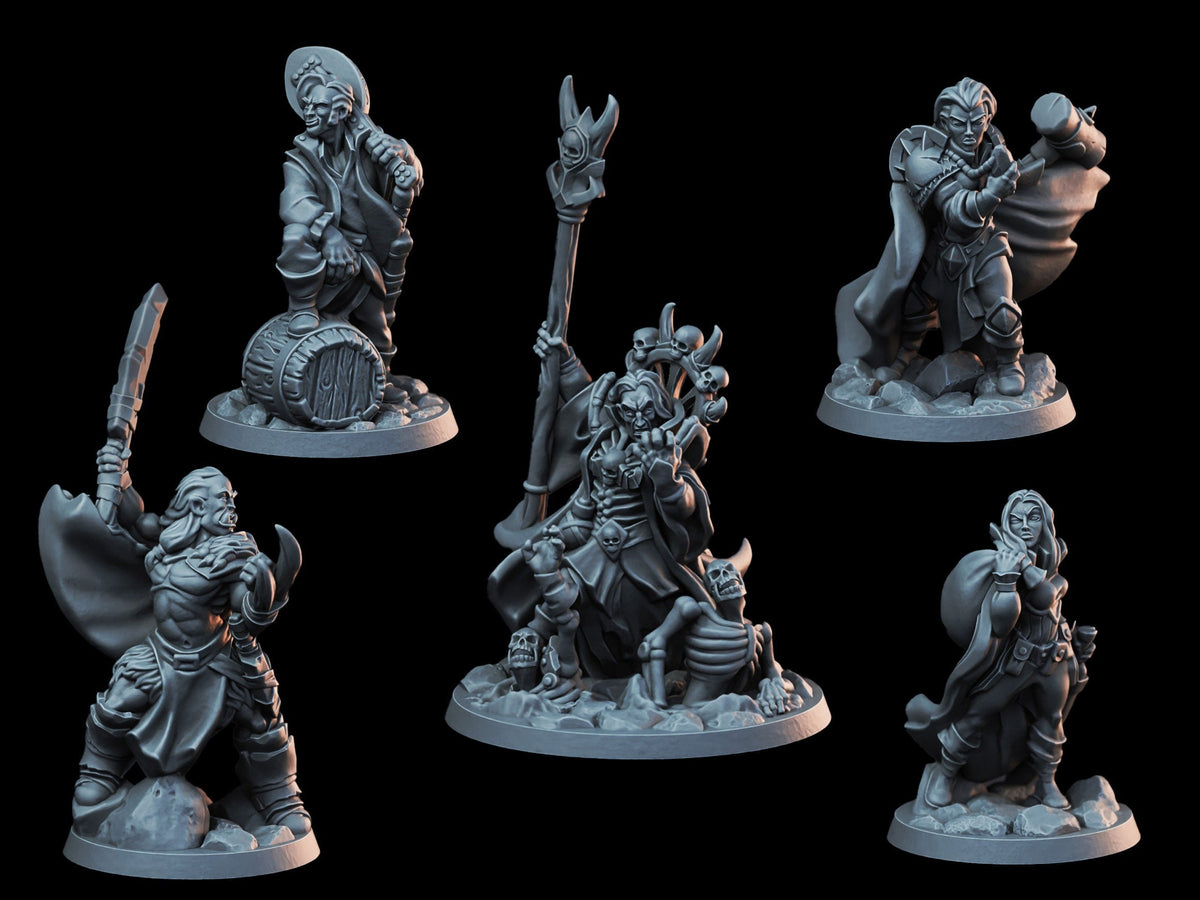 DnD Miniature Party Set 8 - 28mm Adventuring Group - Necromancer | Barbarian | Cleric | Rogue | Bard | Pathfinder 2E | DnD 5E | Mini Set-1