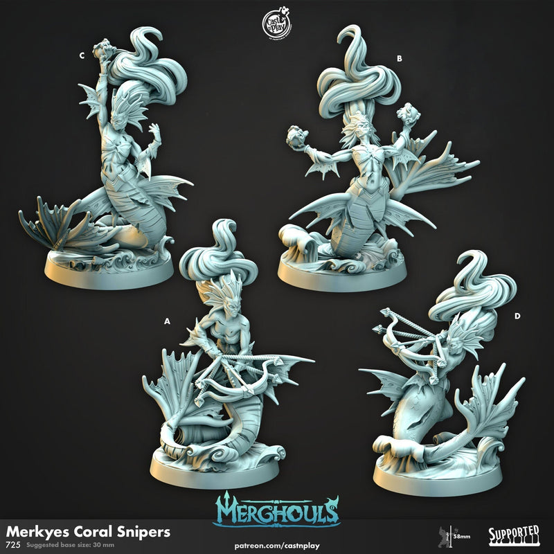 Merkyes Coral Snipers - dnd and wargaming miniature - Merfolk, Mermaid, Triton, Pathfinder, Aquatic, Monster, Ranger, Wizard, Sorcerer-1