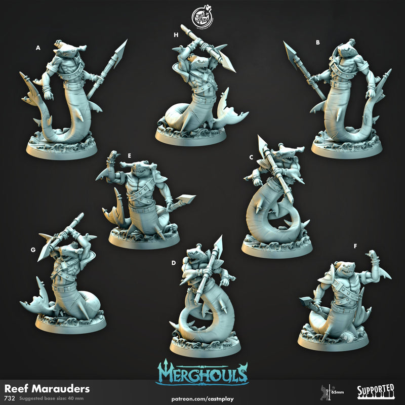 Reef Marauders - dnd and wargaming miniature - Shark, Merfolk, Mermaid, Triton, Pathfinder, Aquatic, Monster, Fighter, Barbarian, Ocean-1