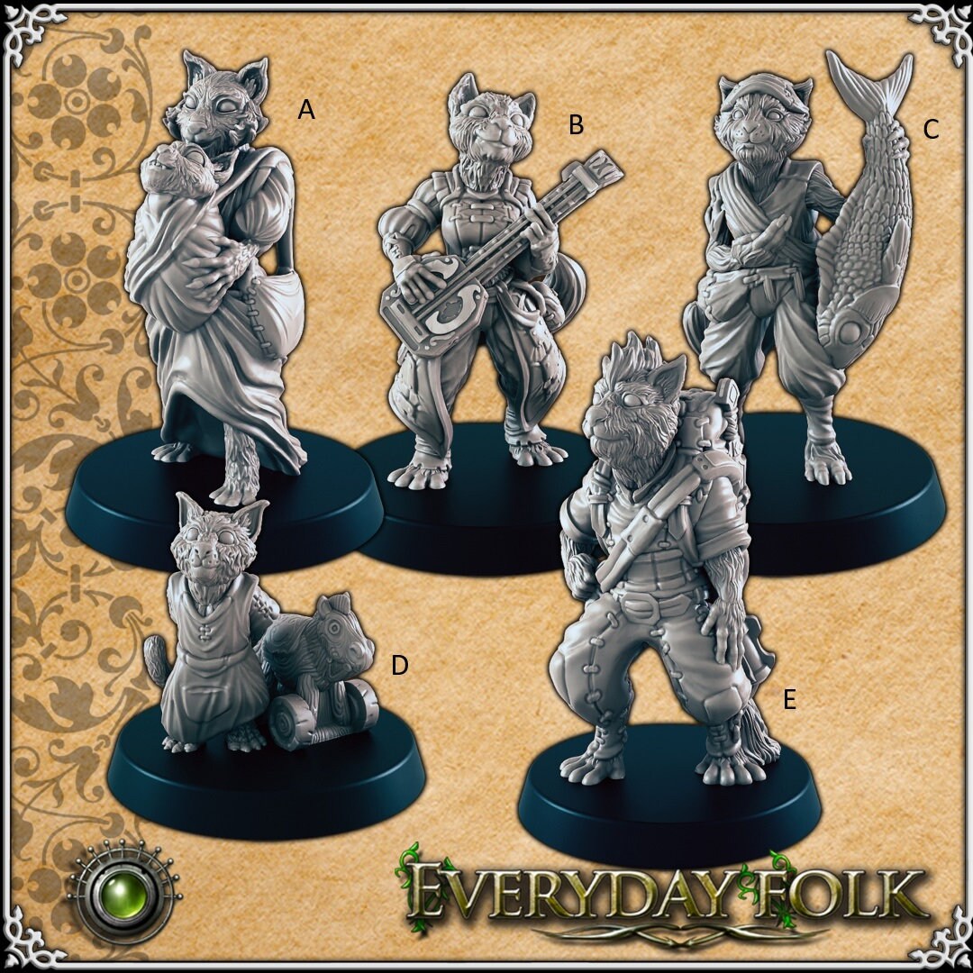 Catfolk Commoners mini set - EC3D, DnD | Townsfolk | Commoner | Animal | Beast | Fisherman | 28mm 32mm | Pathfinder | Fantasy | Villager-1