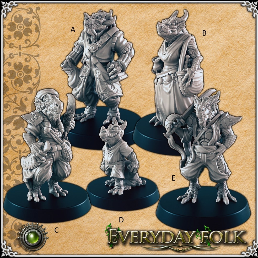 Dragonkin Commoners mini set for dnd - EC3D | Townsfolk | Dragonborn | Male | Female | Merchant | 28mm 32mm | Pathfinder | Fantasy, Villager-1