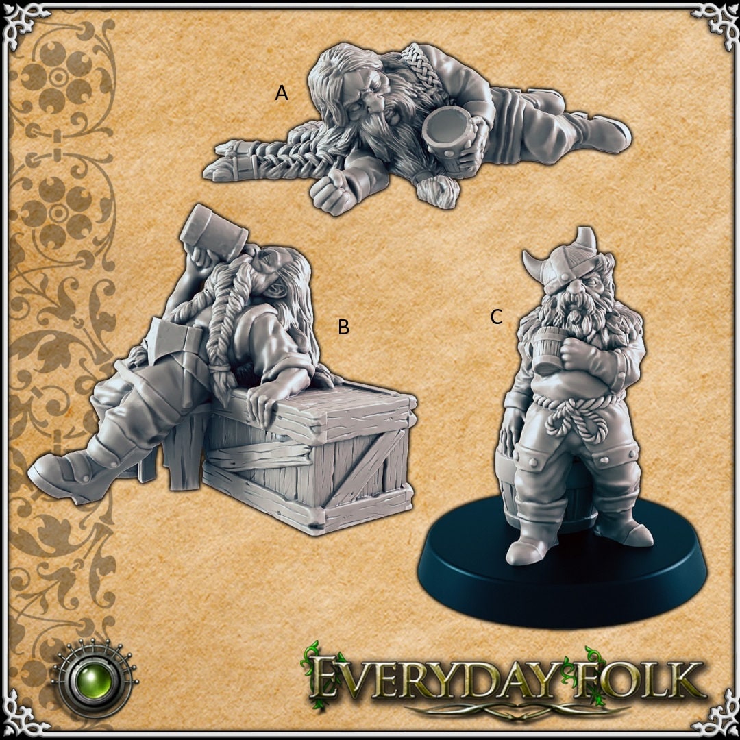 Drunken Dwarves mini set for dnd - EC3D Townsfolk, Commoner | Beer | Ale | Tavern | Dwarf | 28mm 32mm | Pathfinder | Fantasy | Villager-1