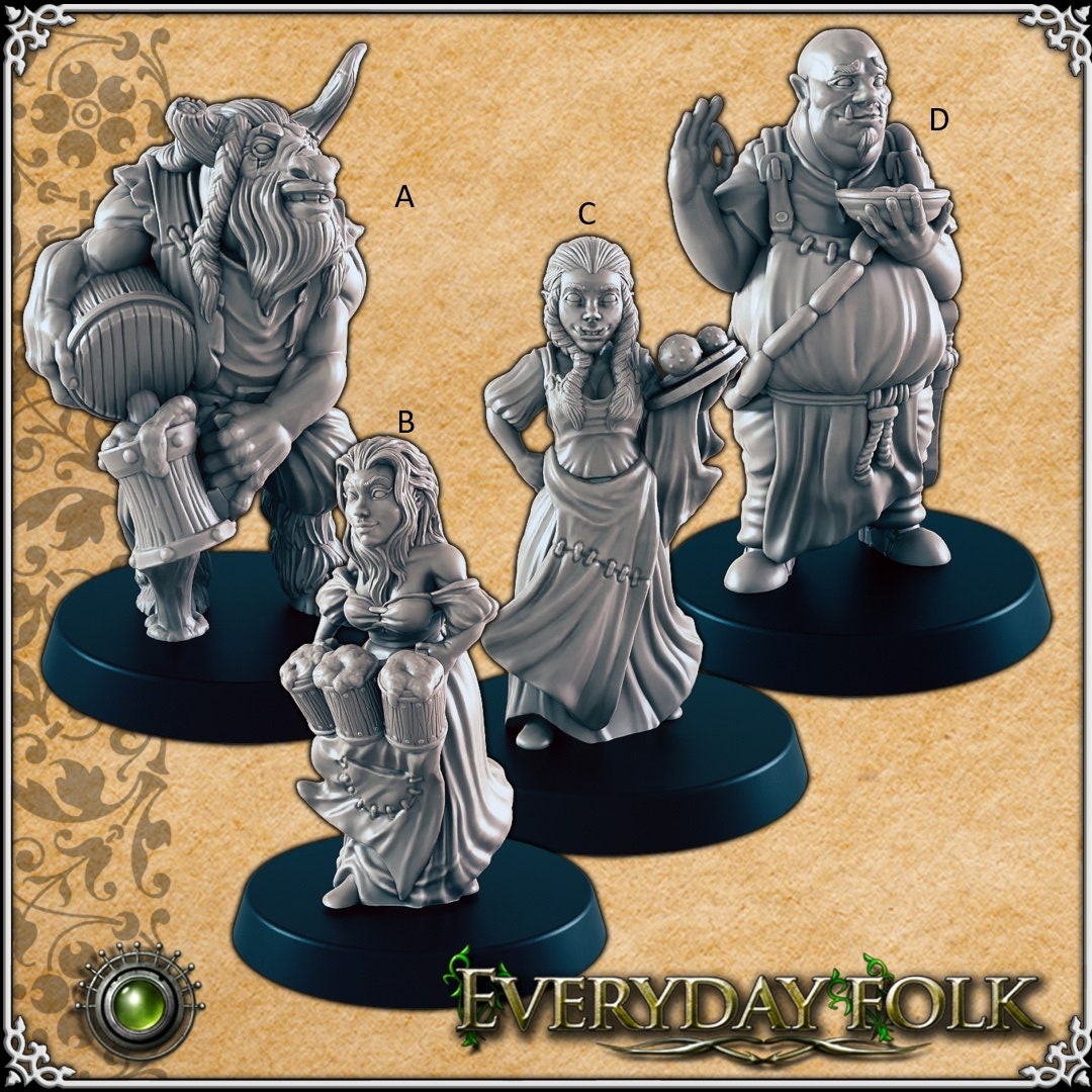 The Tavern Crew mini set for DnD - EC3D | Townsfolk | Commoners | Bartender | Male | Female | Barmaid | 28mm 32mm | Pathfinder | Fantasy-1
