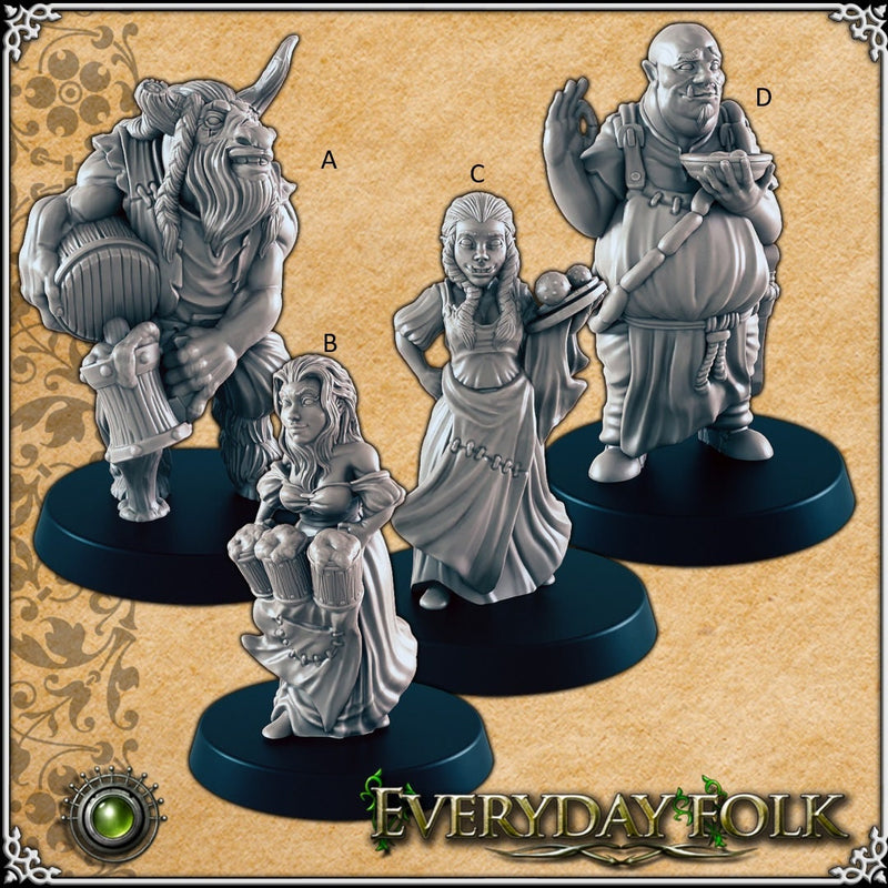 The Tavern Crew mini set for DnD - EC3D | Townsfolk | Commoners | Bartender | Male | Female | Barmaid | 28mm 32mm | Pathfinder | Fantasy-1