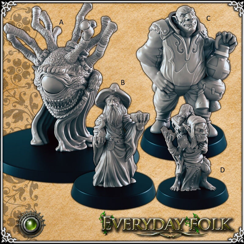 Black market Folk mini set for DnD - EC3D | Townsfolk | Commoners | Goblin | Wizard | Troll | Merchant | 28mm 32mm | Pathfinder | Fantasy-1