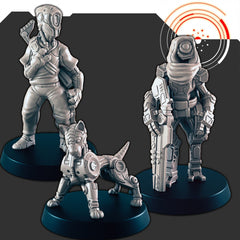 Sci-fi Droid Hunters and Cyber Pooch mini set - EC3D | Legion | Cyberpunk | Starfinder | Scifi | Futuristic | Human | Dog | Robot | Hunter-1