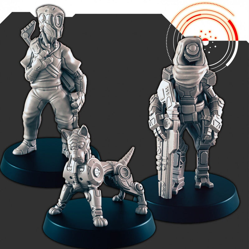 Sci-fi Droid Hunters and Cyber Pooch mini set - EC3D | Legion | Cyberpunk | Starfinder | Scifi | Futuristic | Human | Dog | Robot | Hunter-1