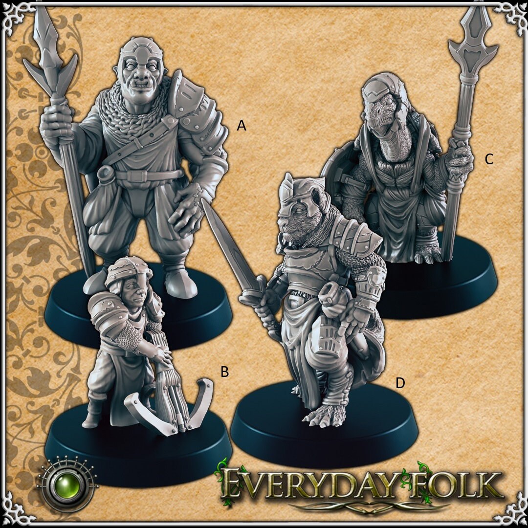 Multi-racial Guards - EC3D, DnD | Townsfolk | Guards | Tabaxi | Turtlefolk | 28mm 32mm | Pathfinder | Fantasy | Wargaming | Half Orc-1