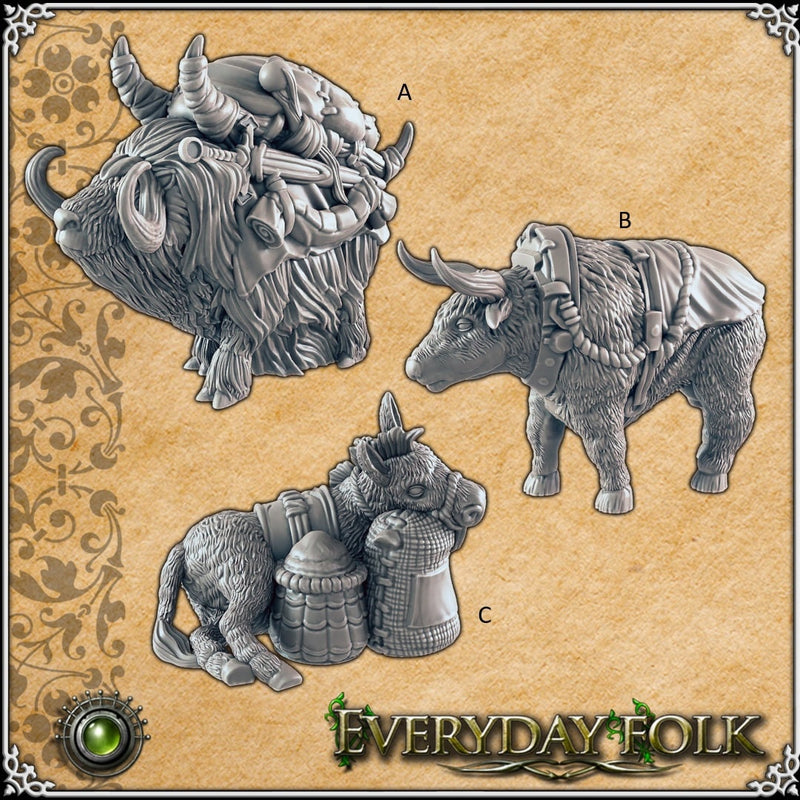 Donkey, Pak Yak, Oxen mini set for DnD - EC3D, Townsfolk | Everyday Folk | Animal | Beast | Pet | Mount | 28mm 32mm | Pathfinder | Fantasy-1