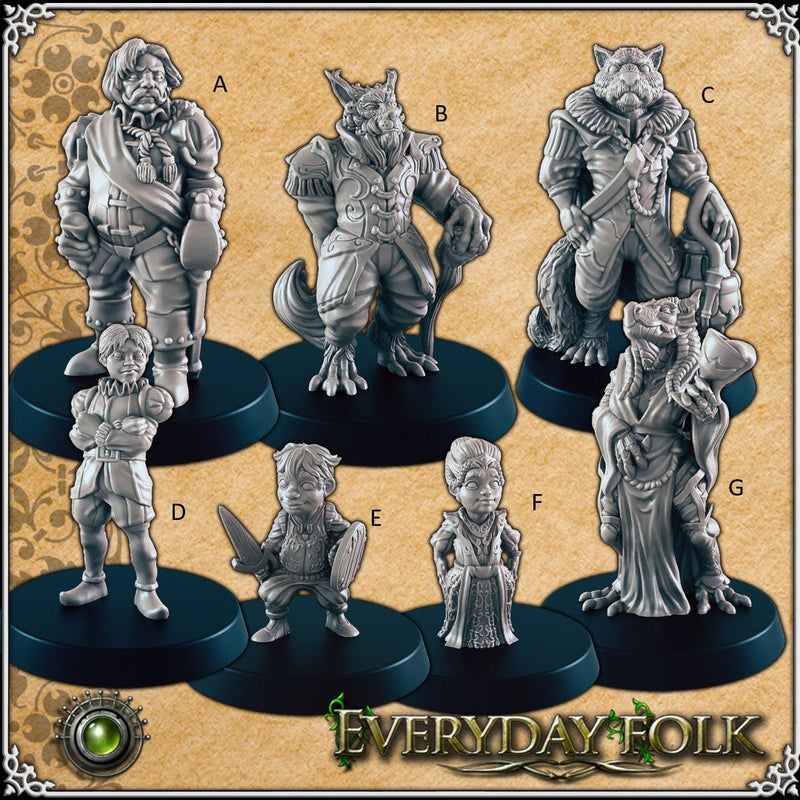 Upper-class Nobles & Kids mini set for DnD - EC3D | Townsfolk | Dragonfolk | Male | Female | Human | Cat | 28mm 32mm | Pathfinder | Fantasy-1