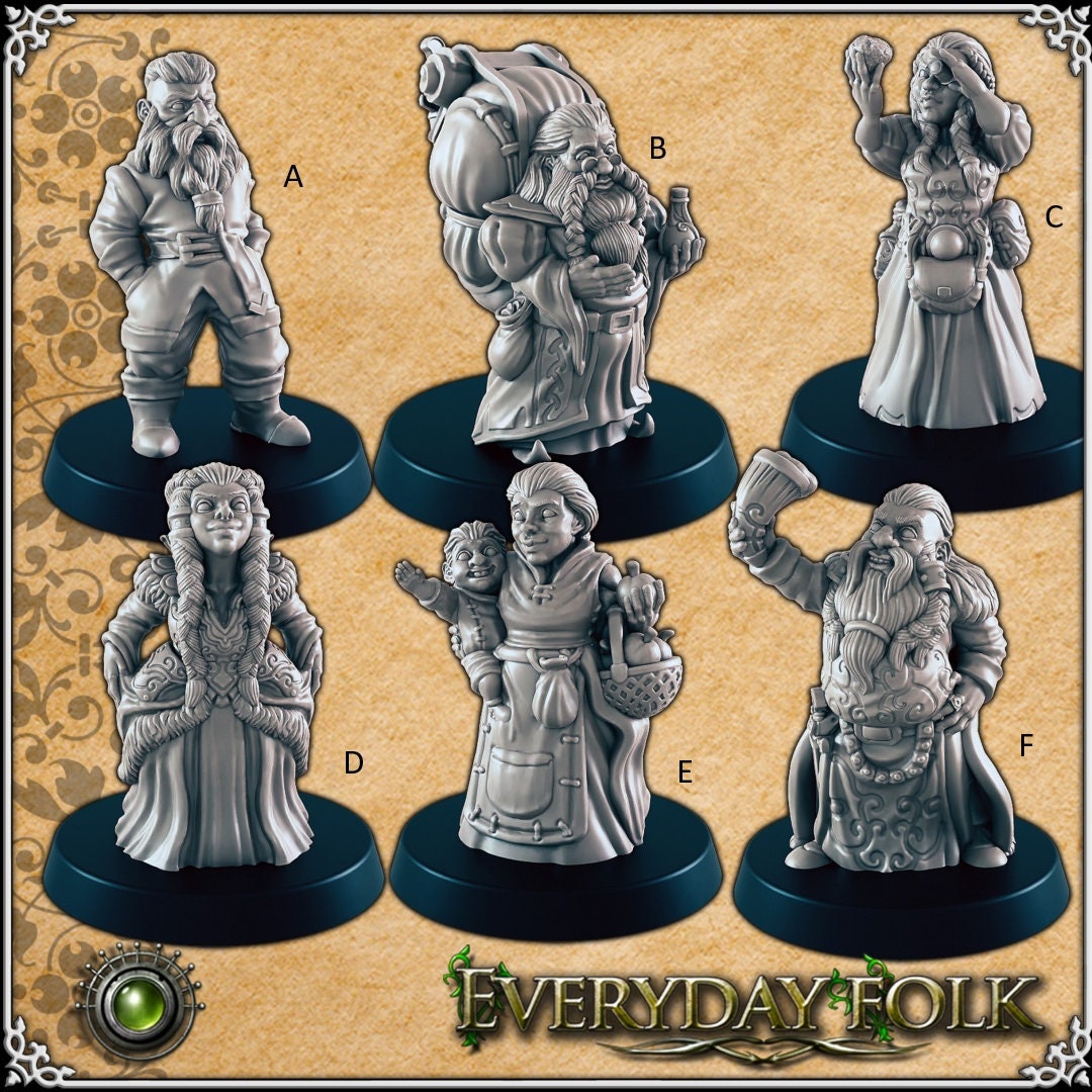 Dwarven common folk mini set for DnD - EC3D | Townsfolk | Dwarves | Male | Female | Commoner | Noble | 28mm 32mm | Pathfinder | Fantasy