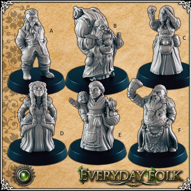Dwarven common folk mini set for DnD - EC3D | Townsfolk | Dwarves | Male | Female | Commoner | Noble | 28mm 32mm | Pathfinder | Fantasy-1