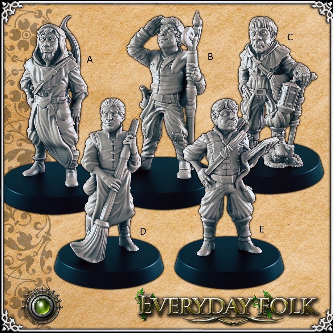 Human Commoners Set 1 mini set for DnD - EC3D | Townsfolk | Woodsman | Grave Digger | Male | Villagers | 28mm 32mm | Pathfinder | Fantasy