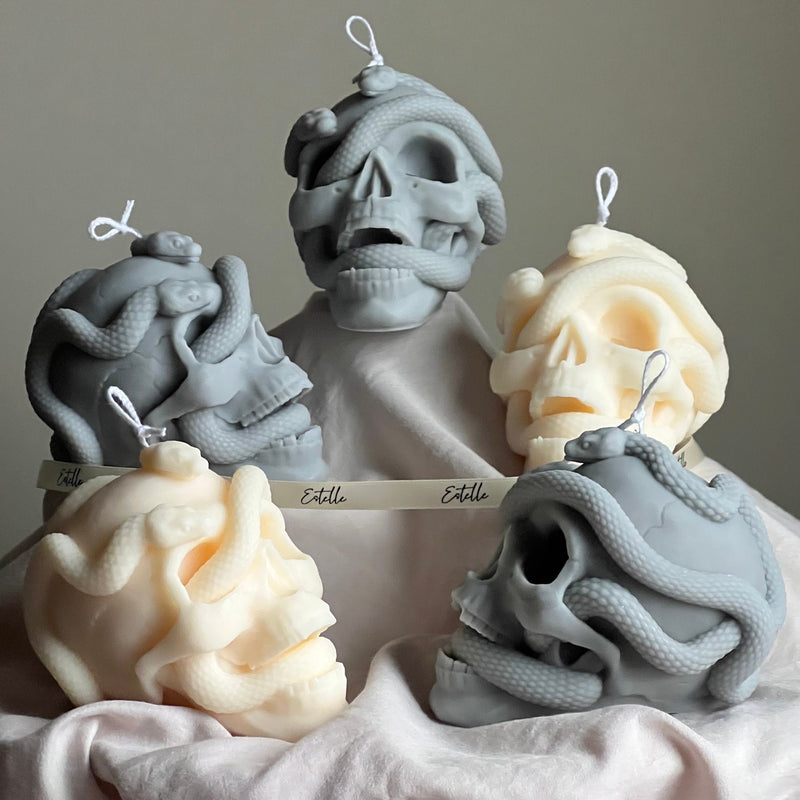 Skull Candle with Snakes: Spooky Halloween Soy Wax Decor-1