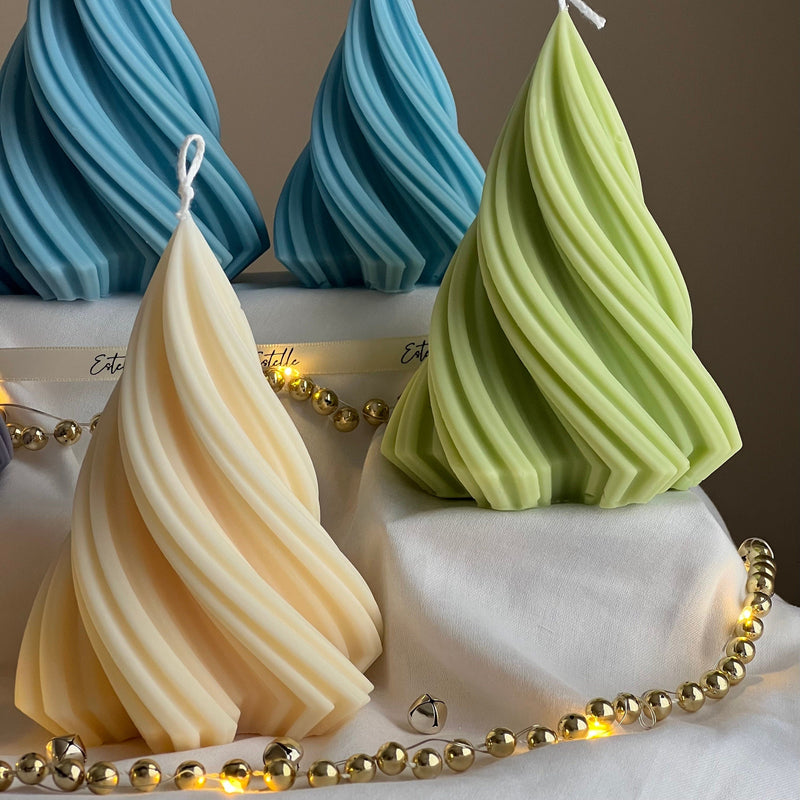 Swirl Ribbed Christmas Tree Candle | Handmade Soy Wax Decor-8