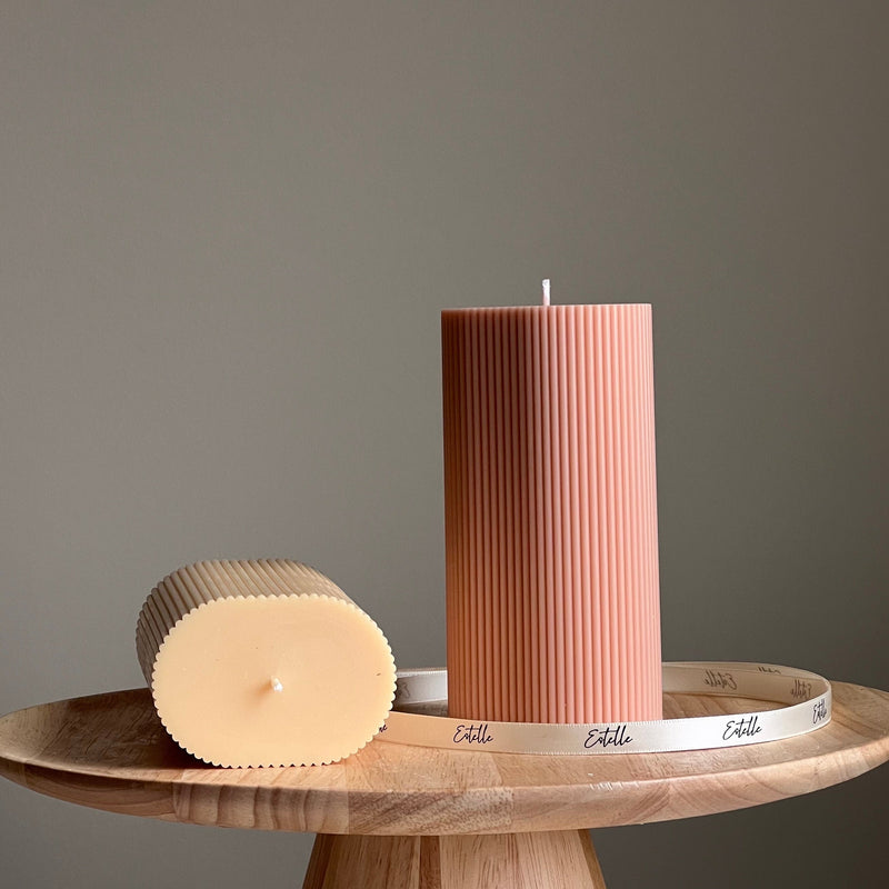 Handmade Ribbed Pillar Soy Wax Candle | Unscented Decorative Candle-2