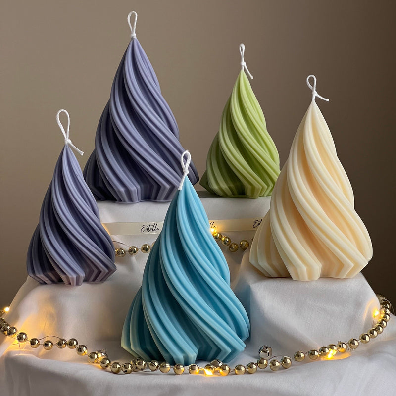 Swirl Ribbed Christmas Tree Candle | Handmade Soy Wax Decor-1