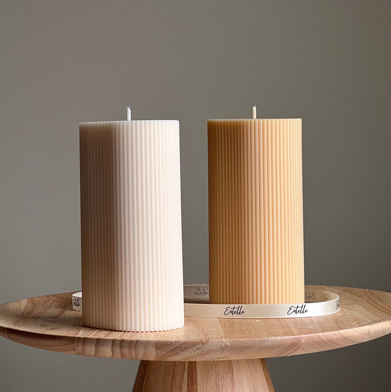 Handmade Ribbed Pillar Soy Wax Candle | Unscented Decorative Candle-1