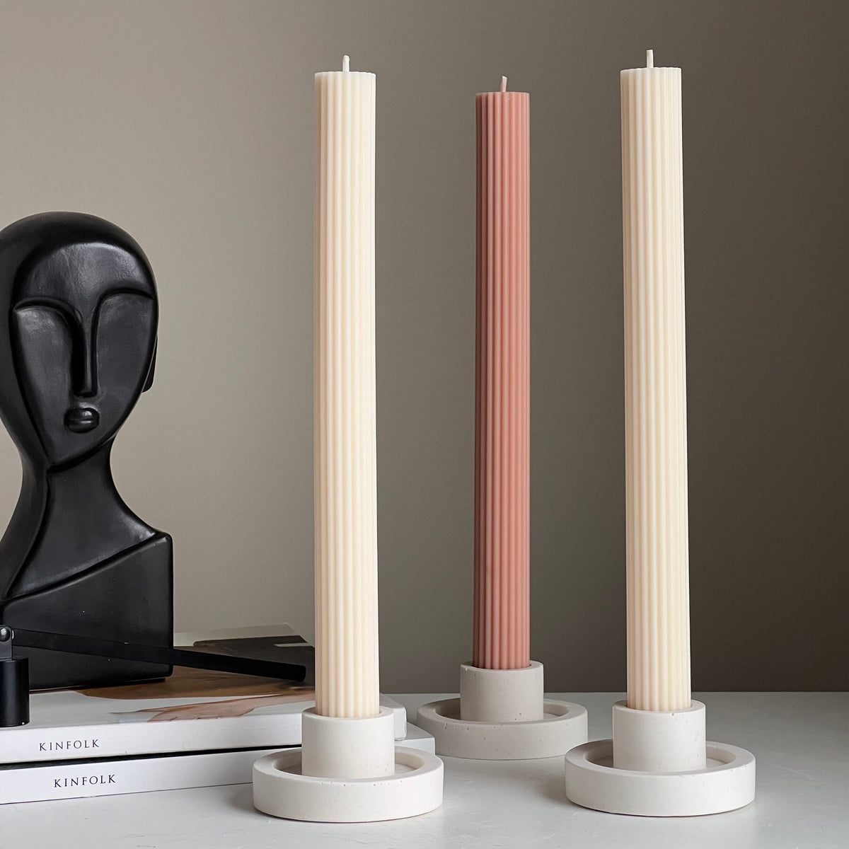 Ribbed Taper Candle: Handmade Soy Wax Pillar, Unscented-2