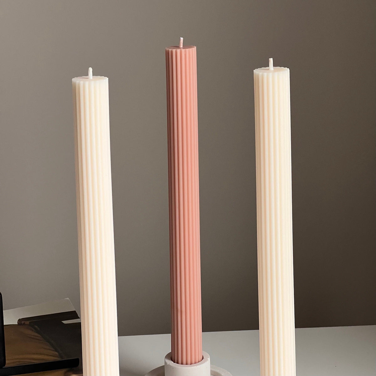 Ribbed Taper Candle: Handmade Soy Wax Pillar, Unscented-3