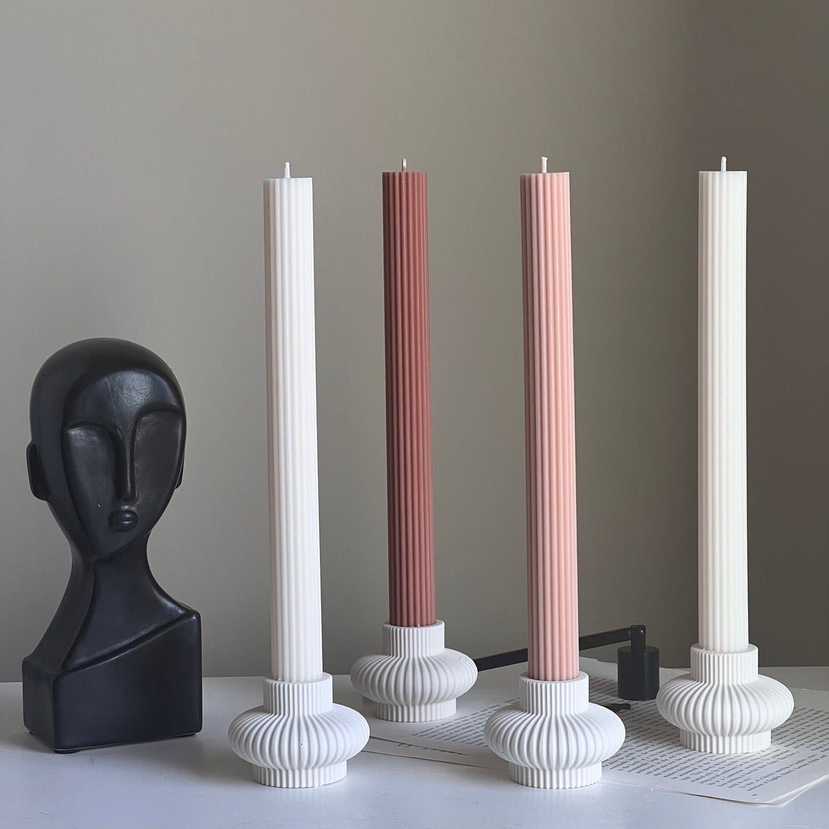 Ribbed Jesmonite Taper Candle Holder: Minimalist Table Decor-1