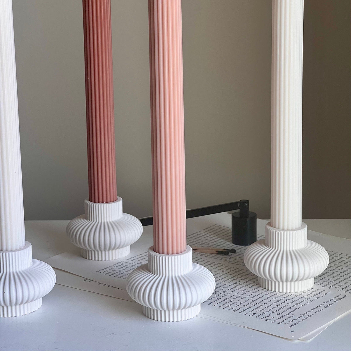 Ribbed Jesmonite Taper Candle Holder: Minimalist Table Decor-2