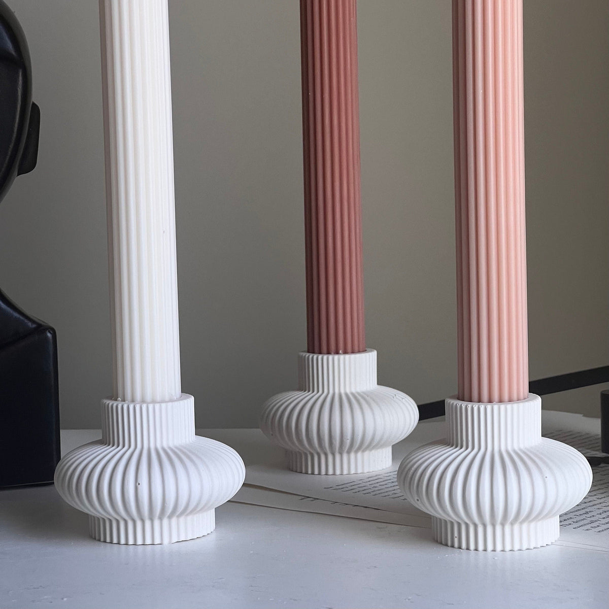 Ribbed Jesmonite Taper Candle Holder: Minimalist Table Decor-3