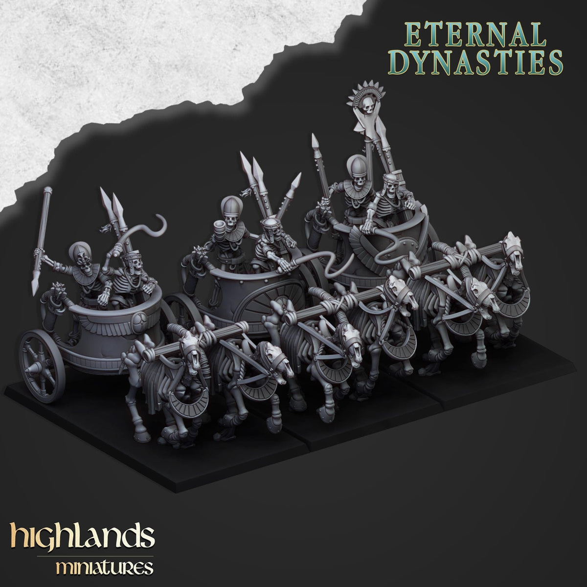 Ancient Skeletal Chariots - Highlands Miniatures | Undead | Skeleton | Lich | Horse | Desert | Fantasy | Pathfinder | Wargaming