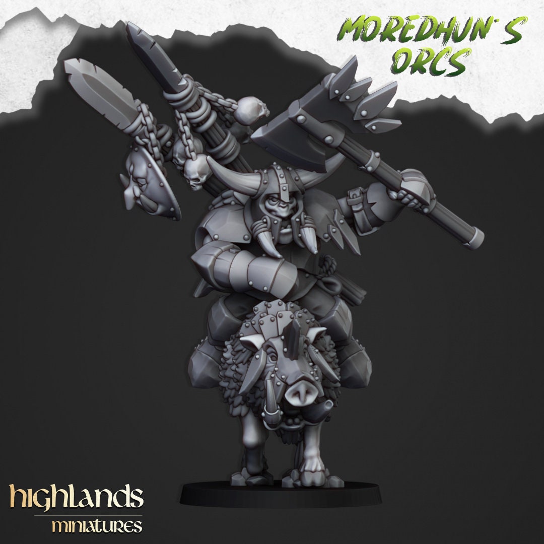 Mounted Orc Chief - Highlands Miniatures | Goblin | Black Orc | Ork | Orcs | Boar | Fantasy | Pathfinder | Wargaming | Mount | Heavy Cavalry