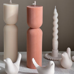 Ribbed Hourglass Pillar Candle: Sculptural Striped Soy Candle-1
