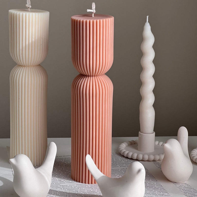 Ribbed Hourglass Pillar Candle: Sculptural Striped Soy Candle-1