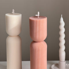 Ribbed Hourglass Pillar Candle: Sculptural Striped Soy Candle-2