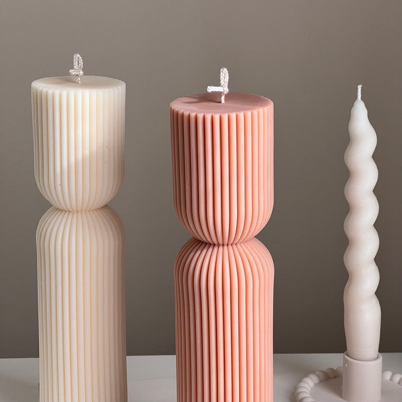 Ribbed Hourglass Pillar Candle: Sculptural Striped Soy Candle-2