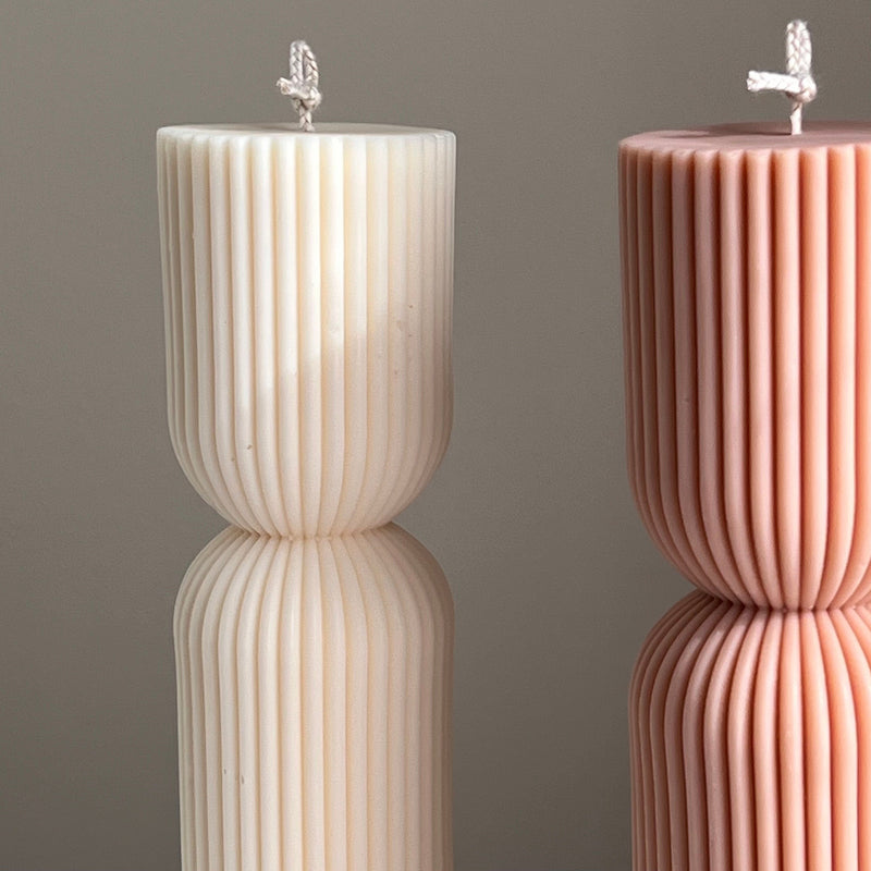 Ribbed Hourglass Pillar Candle: Sculptural Striped Soy Candle-3