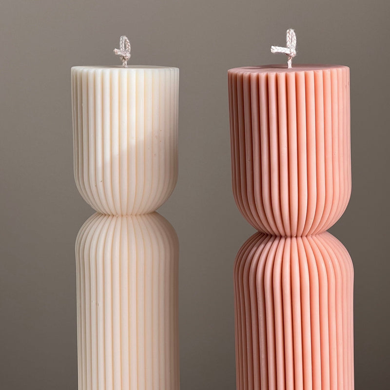 Ribbed Hourglass Pillar Candle: Sculptural Striped Soy Candle-5