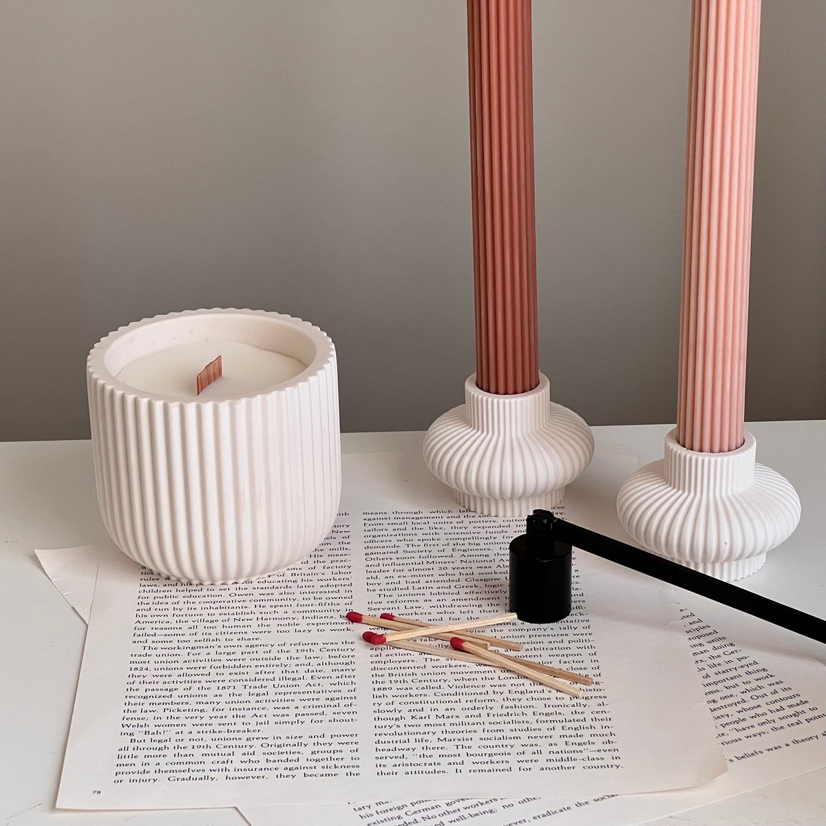 Handmade Ribbed Jar Soy Candle | Wood Wick, Jesmonite Vessel-5