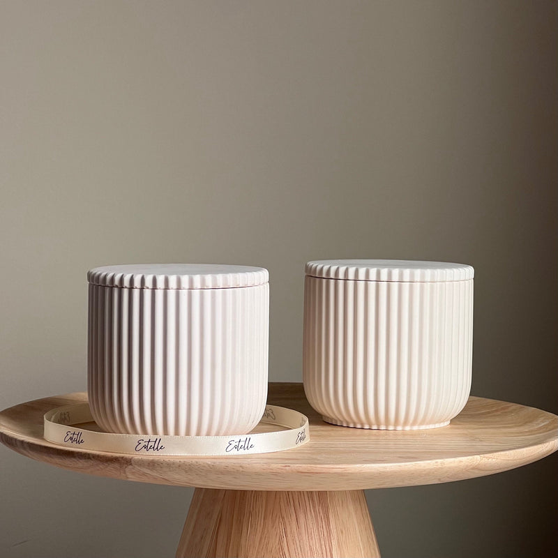Handmade Ribbed Jar Soy Candle | Wood Wick, Jesmonite Vessel-2