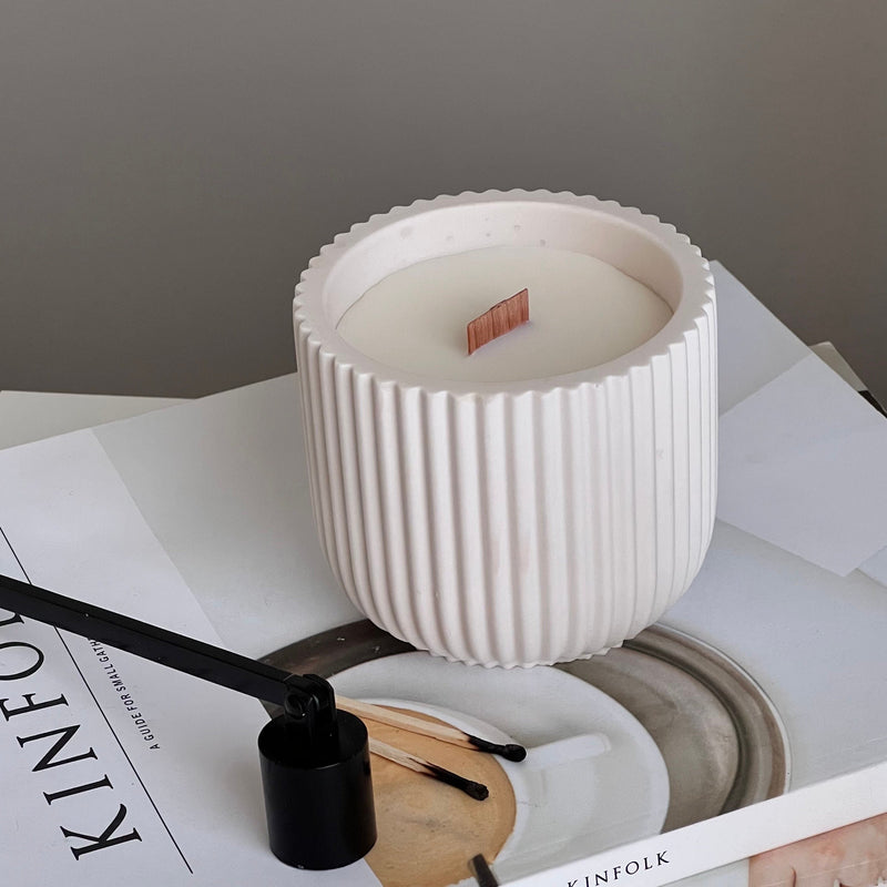 Handmade Ribbed Jar Soy Candle | Wood Wick, Jesmonite Vessel-6