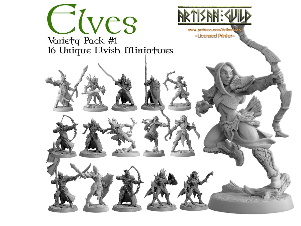 DnD 16 Elf Mini Variety Pack #1  - Artisan Guild | Elves | Ranger | Fighter | Rogue | Bundle | Pack | Barbarian | Wood | High | Drow | Unit-1
